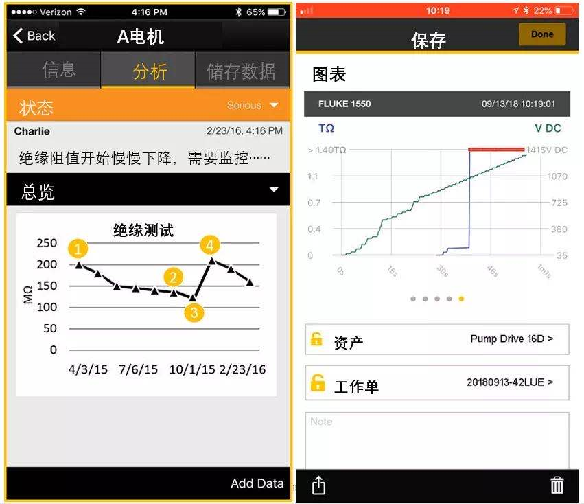 Fluke Connect 應用程序測試界面